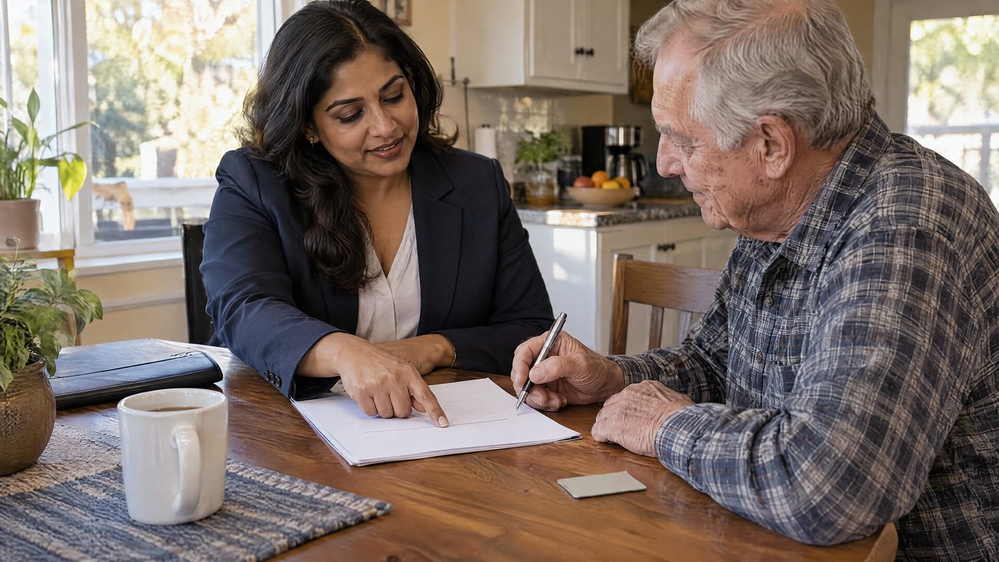 A notary in a navy blazer points to a signature line while an older man signs a form at his kitchen table