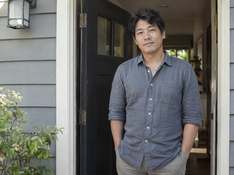 A man in a blue shirt standing in the open front door of his wood-sided house