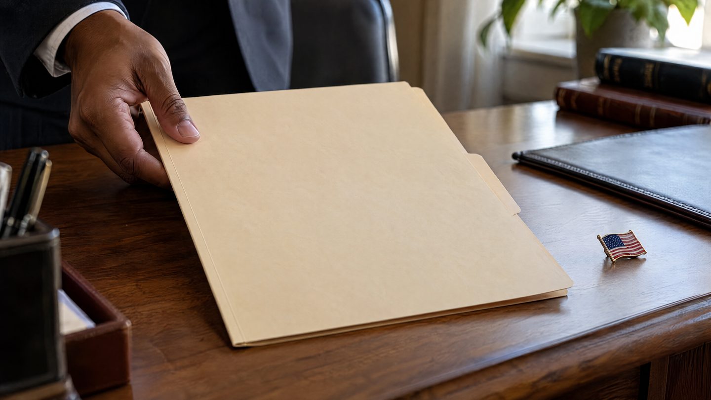 A hand placing a plain manila folder on a wooden desk beside a small U.S. flag lapel pin