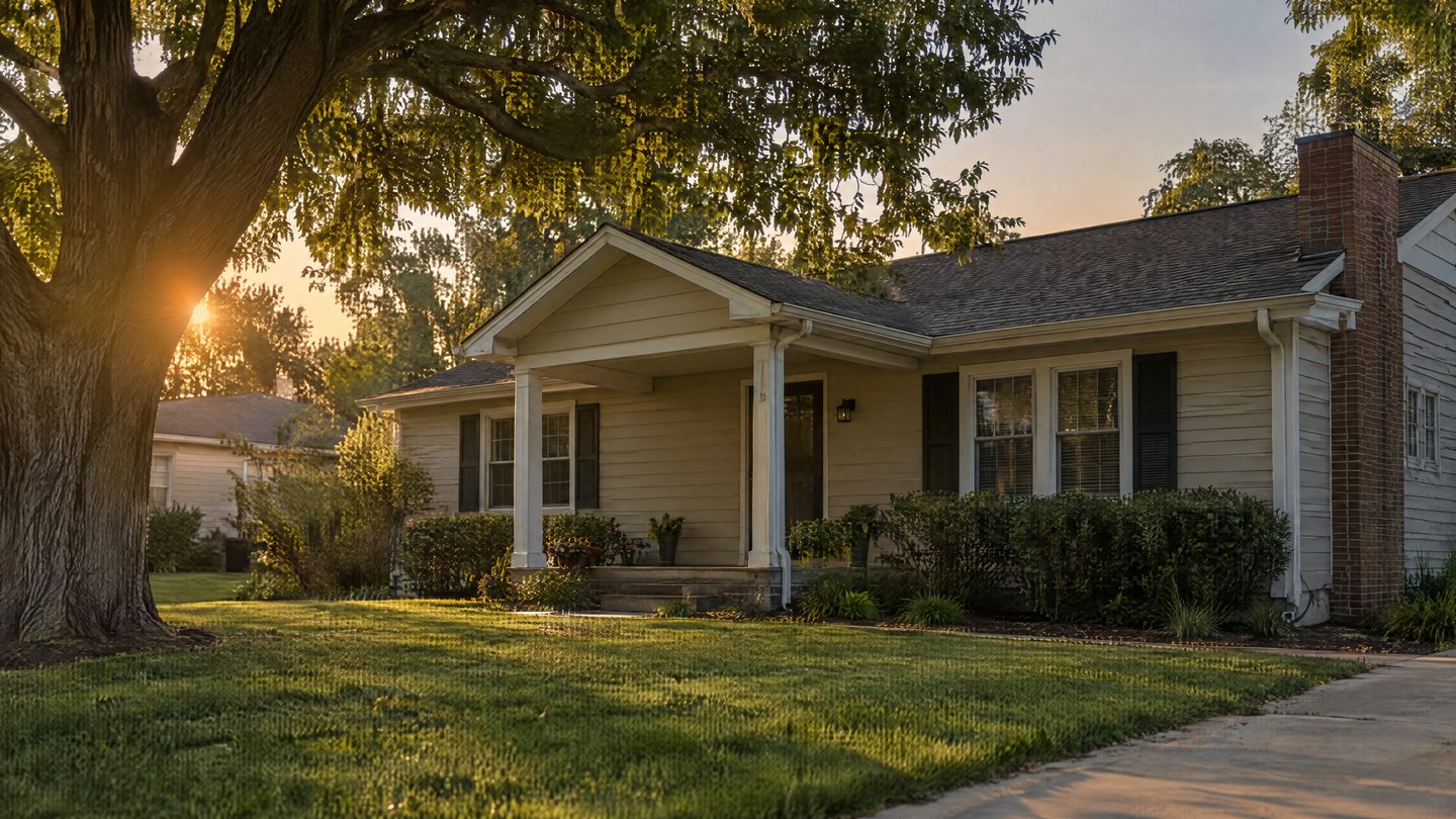 A modest single-story house with a front lawn and a large shade tree at golden hour