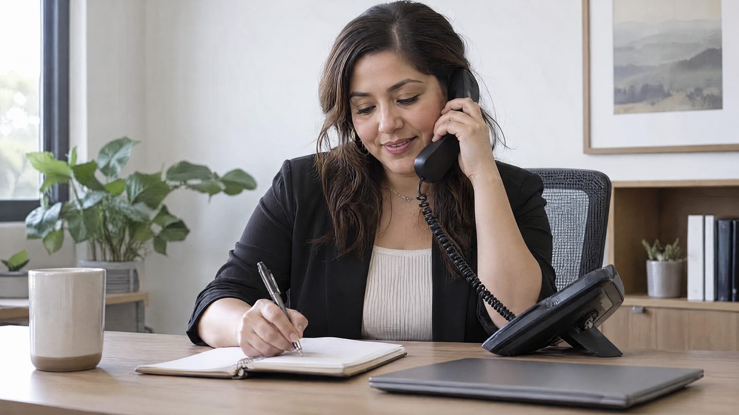 An advisor at a tidy desk talks on the phone and writes notes in a notebook
