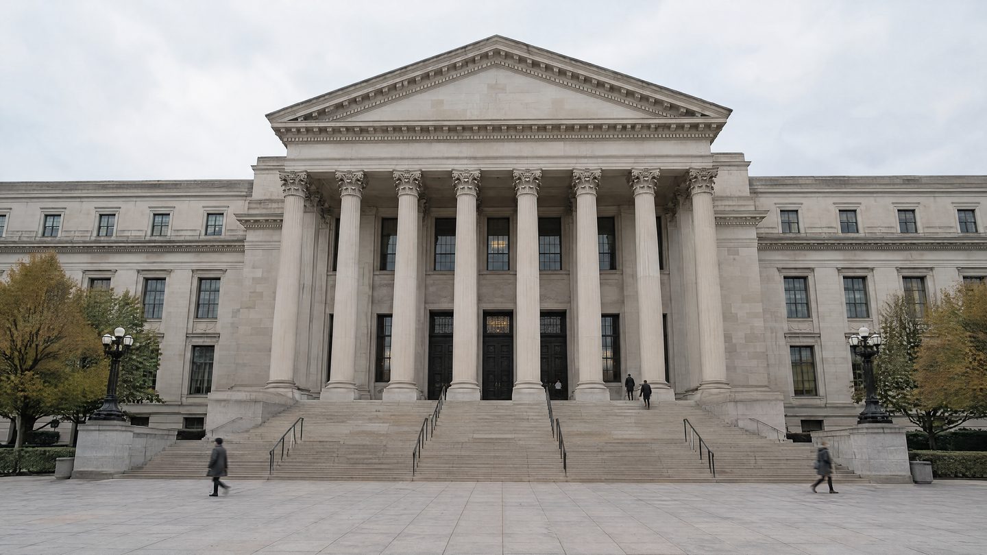A neoclassical stone government building with tall columns and wide steps, seen from across a plaza
